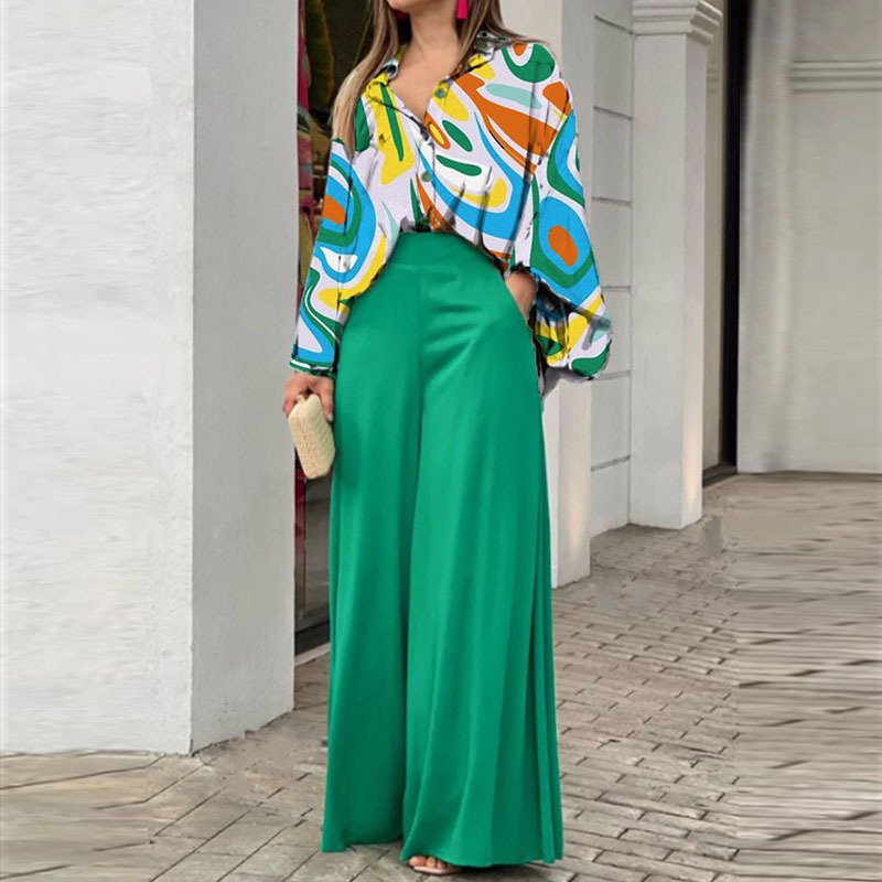 Loose And Elegant Casual Printed Shirt Top Wide Leg Pants Fashion Suit - Image 4