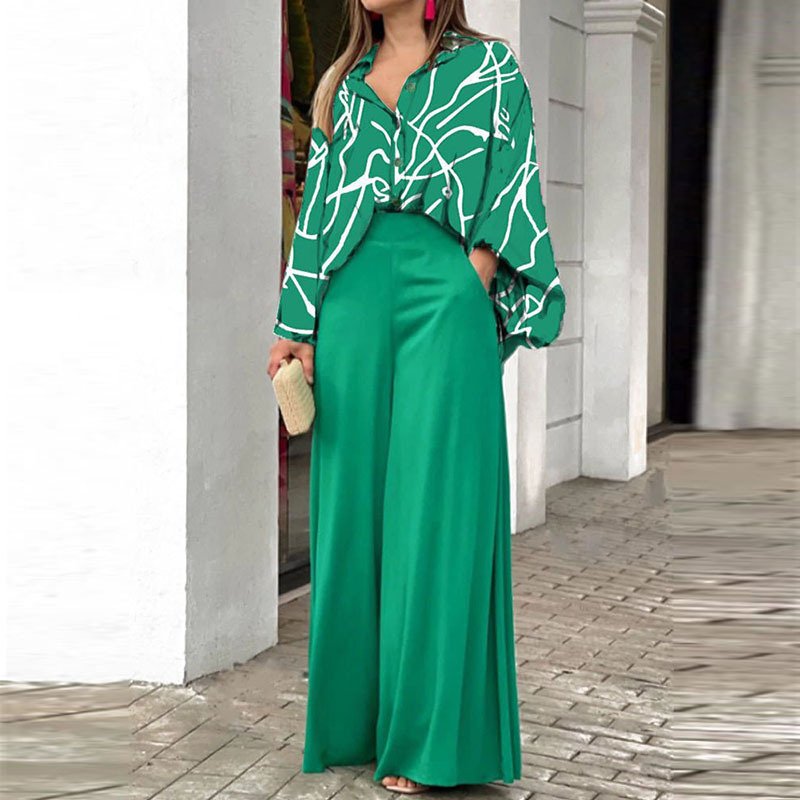 Loose And Elegant Casual Printed Shirt Top Wide Leg Pants Fashion Suit - Image 7