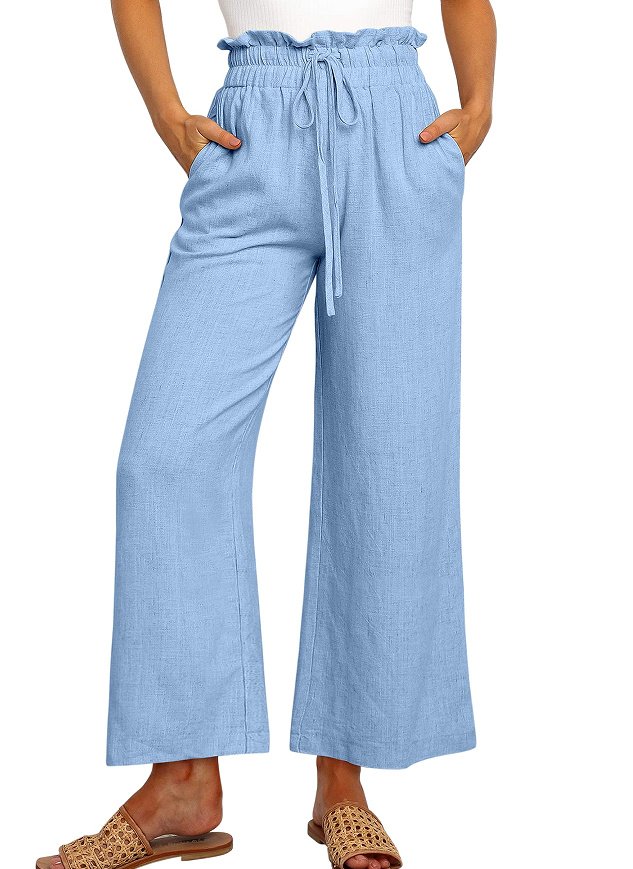 Elastic Waistband Lace-up Wide Leg Pants Solid Color Cropped Pants - Image 9