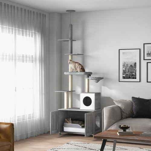 PawHut Cat Tree With Litter Box Enclosure, 2 In 1 Floor To Ceiling Cat Tower Litter Box Furniture With Condo, Bed, Hammock, Scratching Posts, And Platforms For Indoor Use, Gray - Image 4