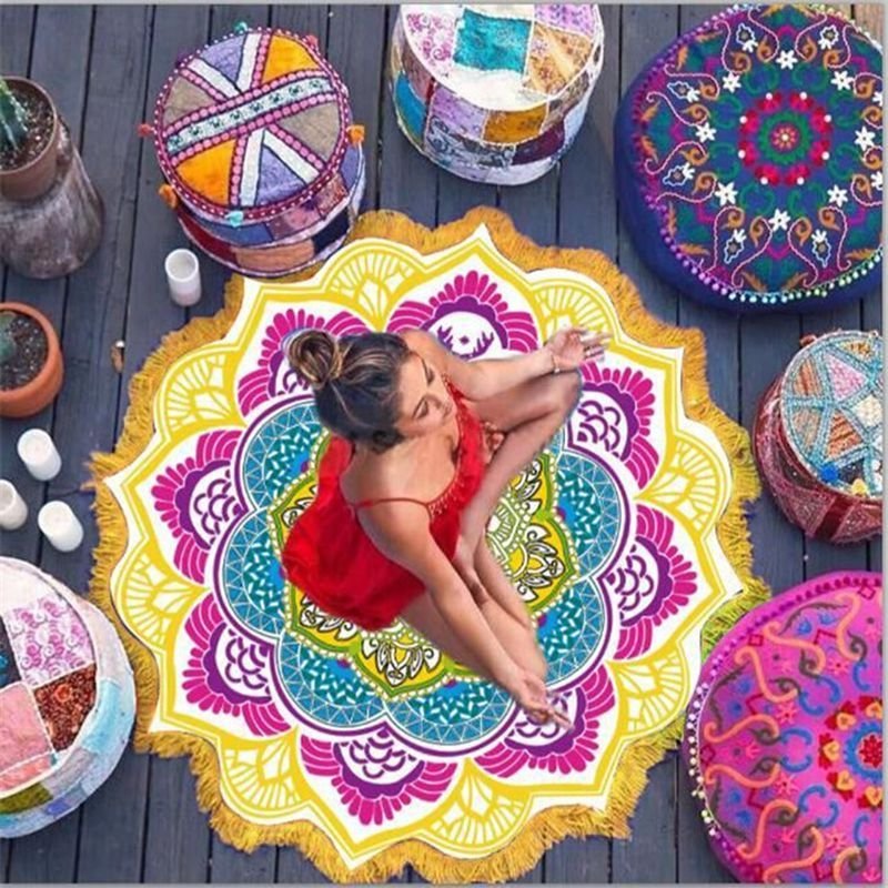 Polygon Printing Tassel Round Bath Towel Yoga Mat - Image 3