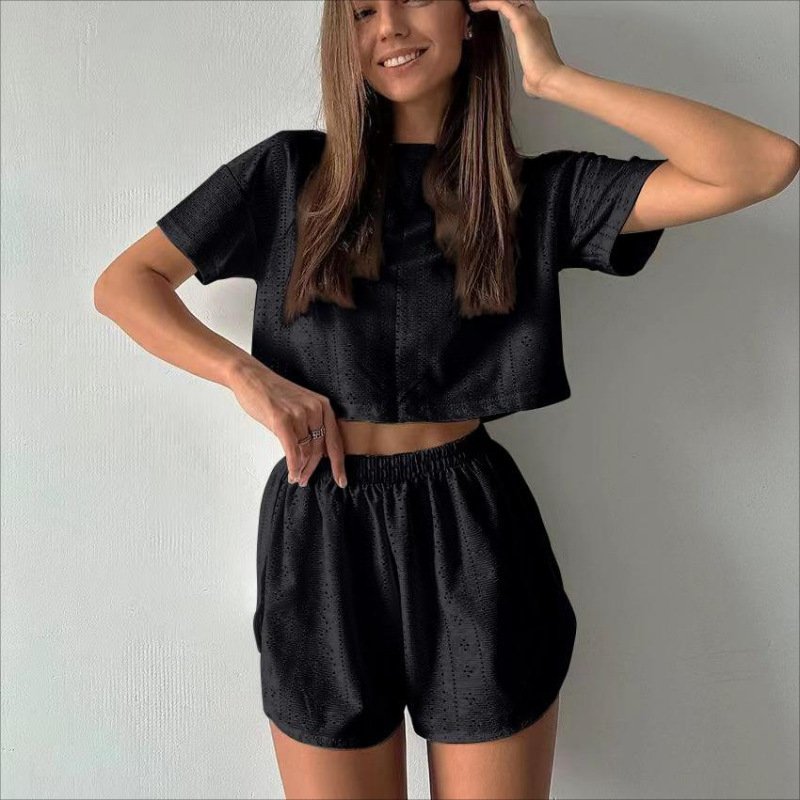 2pcs Casual Hollow Suit With Short-sleeved Crop Top And Elastic Slit Shorts Summer Fashion Sport Clothing For Women - Image 5