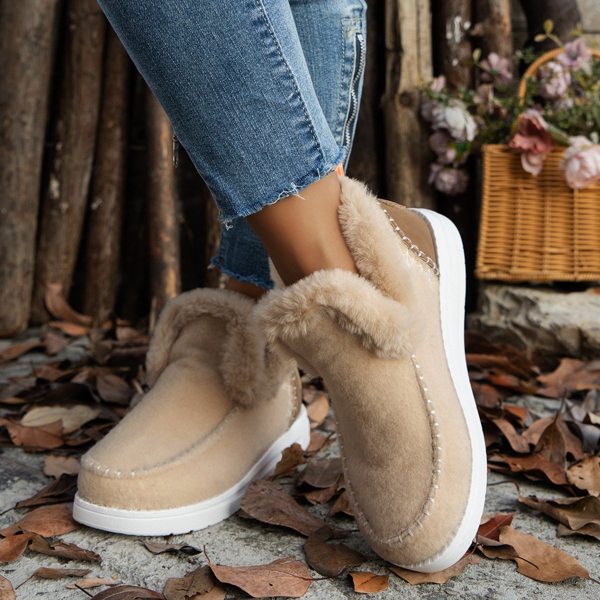 Fleece-lined Thick Plush Boots Warm Sewing Flat Cotton Shoes Winter Ankle Boot - Image 6
