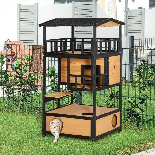 Wooden Outdoor Cat House, Wild Cat Shelter Kitten Tree - Image 3