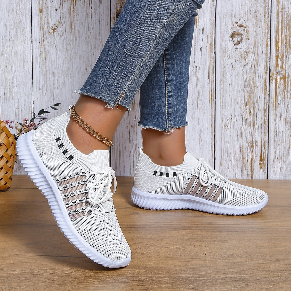 Casual Lace-up Mesh Sneakers Breathable Flying Woven Round Toe Walking Running Sports Shoes - Image 5