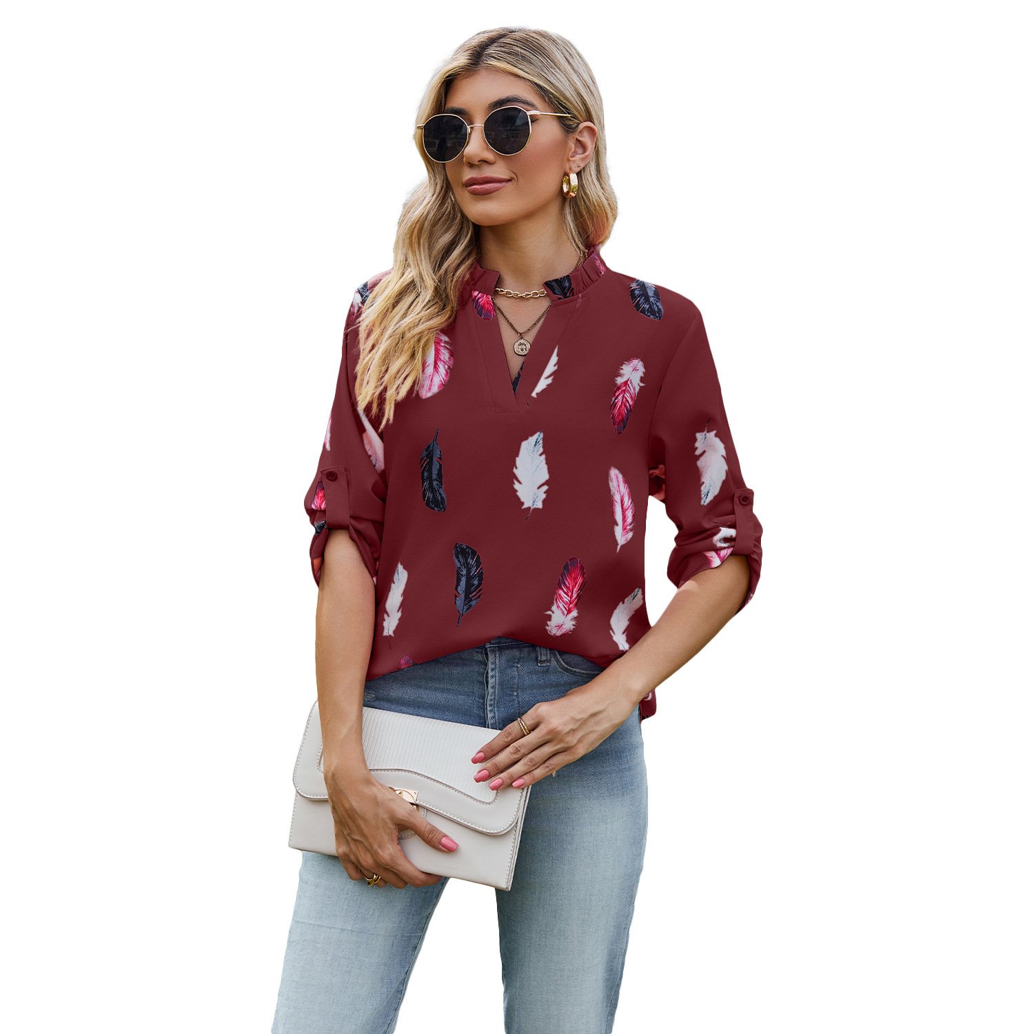 V-neck Feather Printed 34 Sleeves Loose Shirt - Image 2
