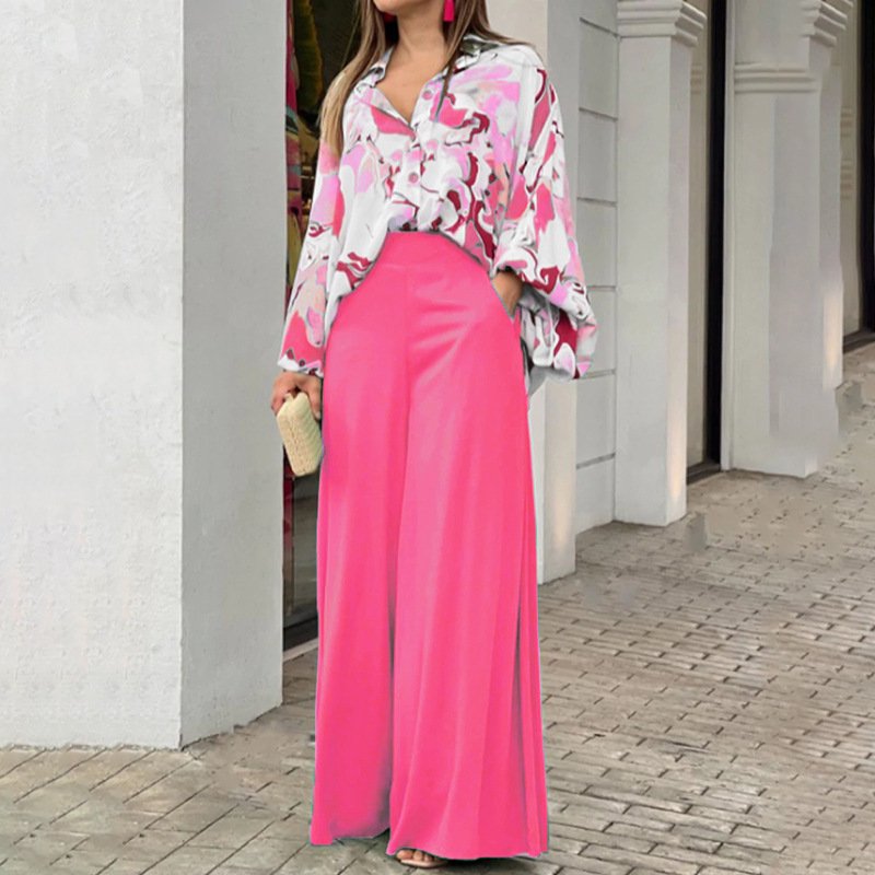 Loose And Elegant Casual Printed Shirt Top Wide Leg Pants Fashion Suit - Image 10