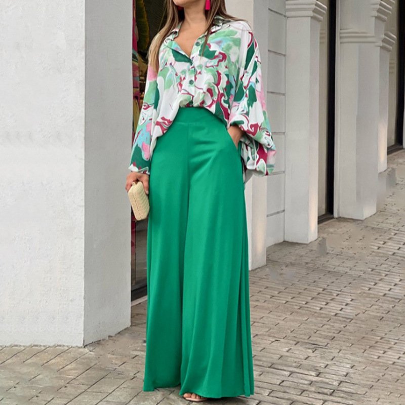 Loose And Elegant Casual Printed Shirt Top Wide Leg Pants Fashion Suit - Image 9