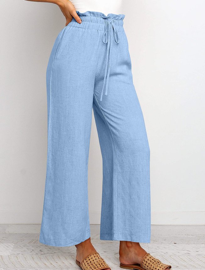 Elastic Waistband Lace-up Wide Leg Pants Solid Color Cropped Pants - Image 8