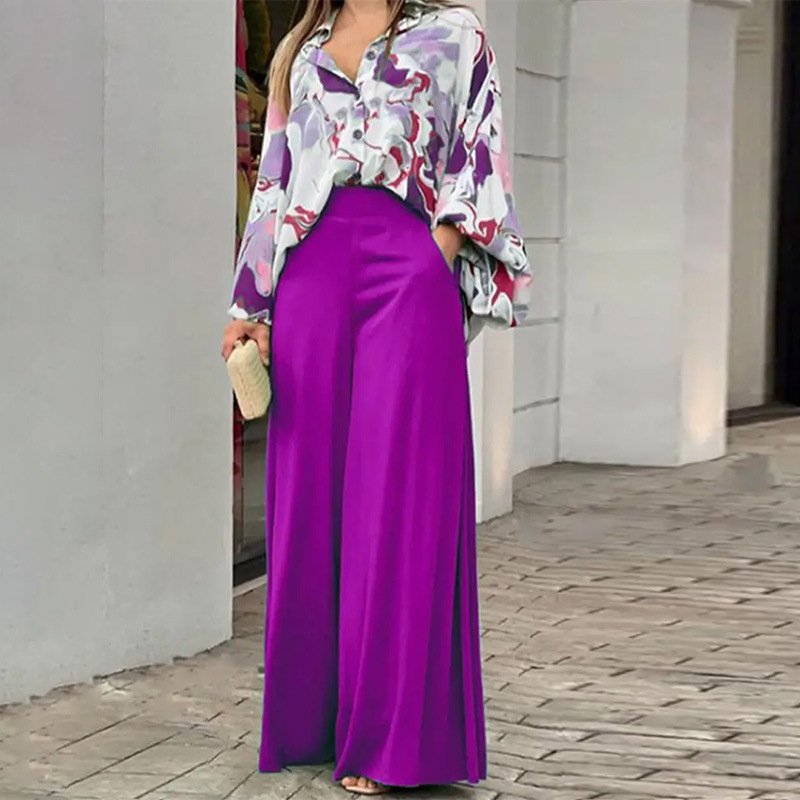 Loose And Elegant Casual Printed Shirt Top Wide Leg Pants Fashion Suit - Image 8
