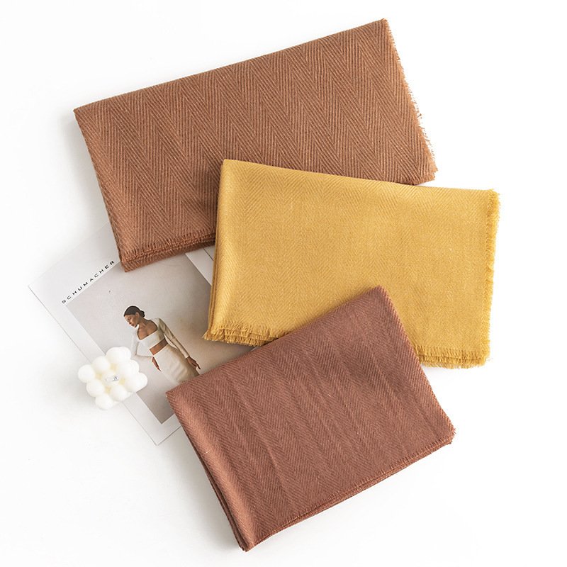 Herringbone Pattern Monochrome Artificial Cashmere Scarf Women's Simple Casual Style Tassel Warm Shawl - Image 8