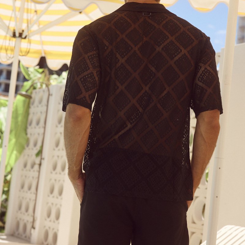 Fashion Mens Clothing Men's Hollow-out Breathable Short-sleeved Lapel Casual Shirt - Image 3