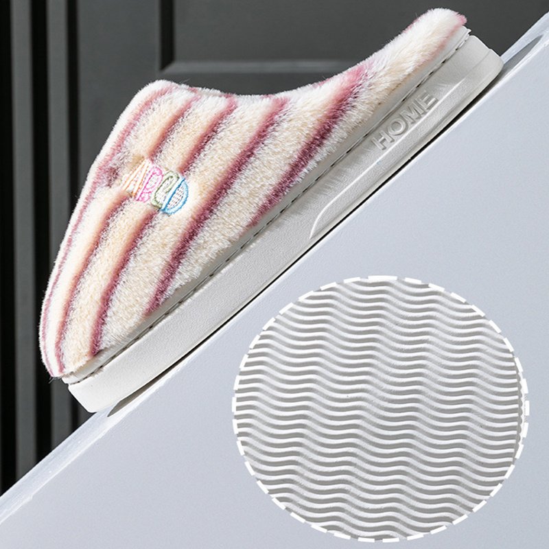 Ins Plush Striped Slippers Winter Warm Letter Embroidered Shoes Fashion Floor Bedroom Home Slipper For Women Men Couples - Image 10