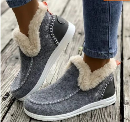 Fleece-lined Thick Plush Boots Warm Sewing Flat Cotton Shoes Winter Ankle Boot - Image 4