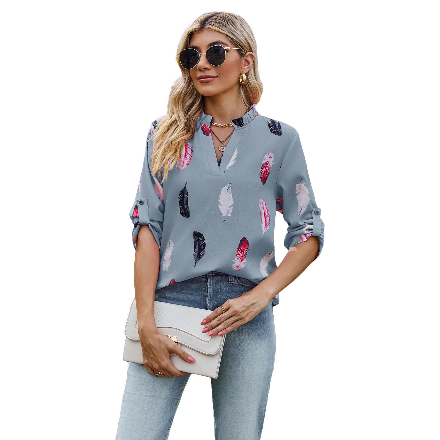 V-neck Feather Printed 34 Sleeves Loose Shirt - Image 6