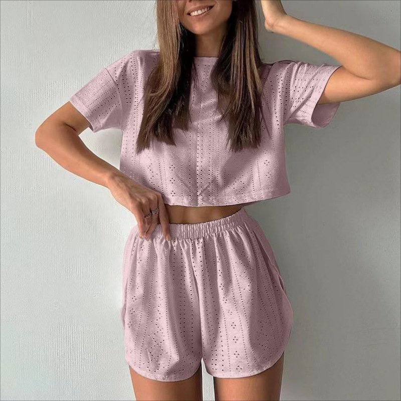 2pcs Casual Hollow Suit With Short-sleeved Crop Top And Elastic Slit Shorts Summer Fashion Sport Clothing For Women - Image 6