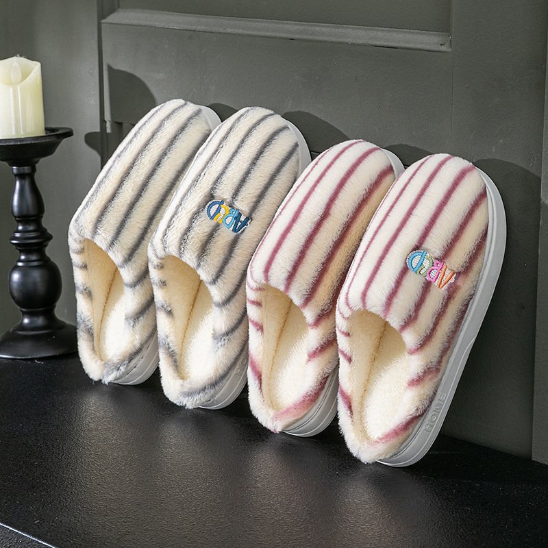 Ins Plush Striped Slippers Winter Warm Letter Embroidered Shoes Fashion Floor Bedroom Home Slipper For Women Men Couples - Image 7