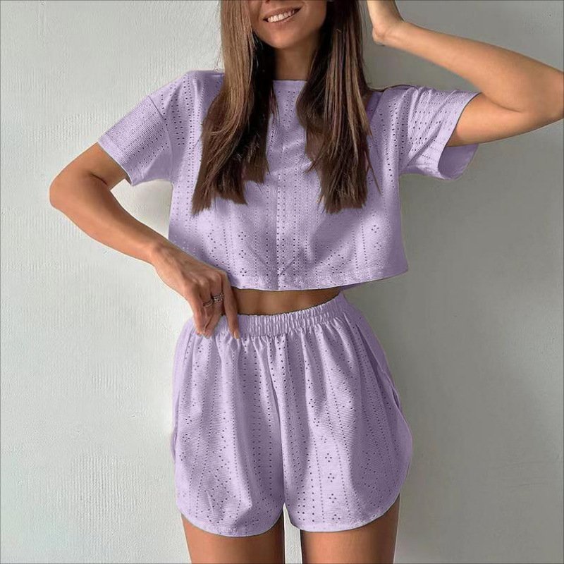 2pcs Casual Hollow Suit With Short-sleeved Crop Top And Elastic Slit Shorts Summer Fashion Sport Clothing For Women - Image 2