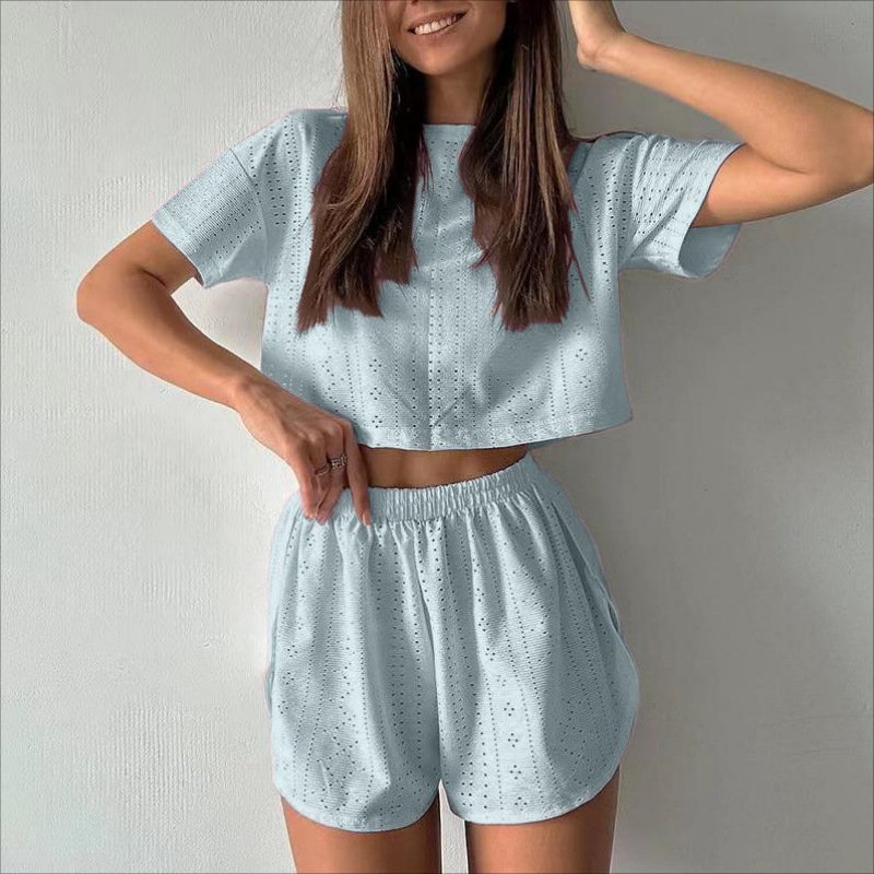2pcs Casual Hollow Suit With Short-sleeved Crop Top And Elastic Slit Shorts Summer Fashion Sport Clothing For Women - Image 10