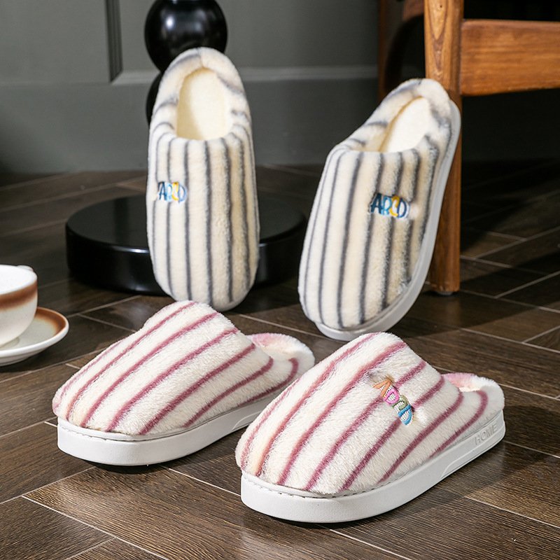 Ins Plush Striped Slippers Winter Warm Letter Embroidered Shoes Fashion Floor Bedroom Home Slipper For Women Men Couples - Image 4