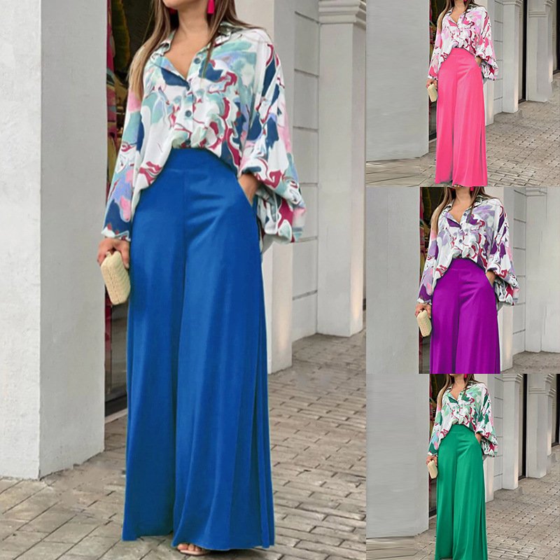 Loose And Elegant Casual Printed Shirt Top Wide Leg Pants Fashion Suit - Image 2