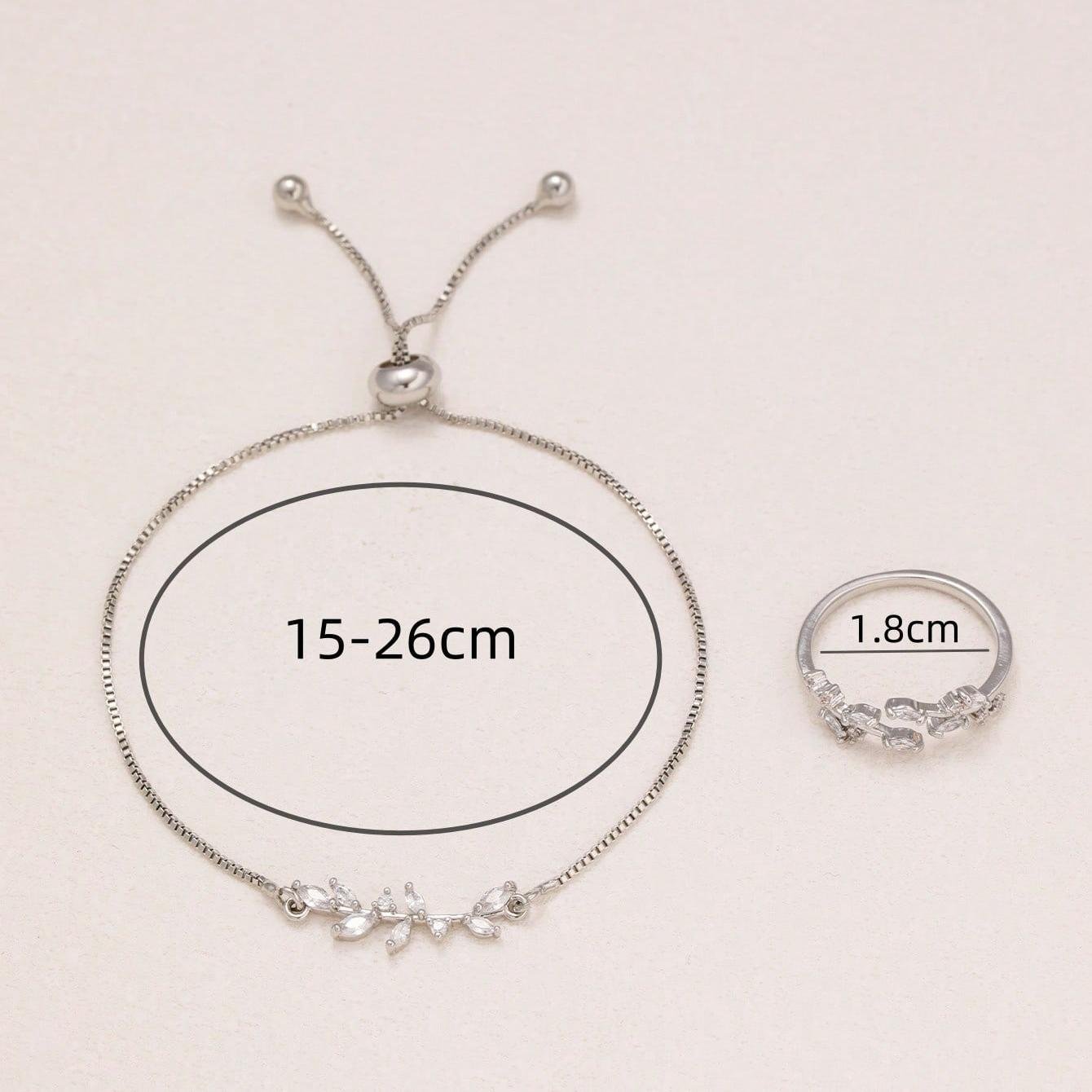 2pcs Fashion Silver Horse Eye Crystal Zircon Leaf Bracelet And Ring,Pulling Bracelet Suitable For Women's Daily Holiday Outfits - Image 5