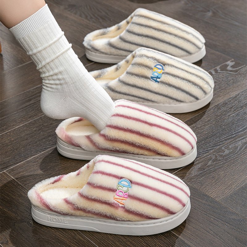 Ins Plush Striped Slippers Winter Warm Letter Embroidered Shoes Fashion Floor Bedroom Home Slipper For Women Men Couples - Image 3