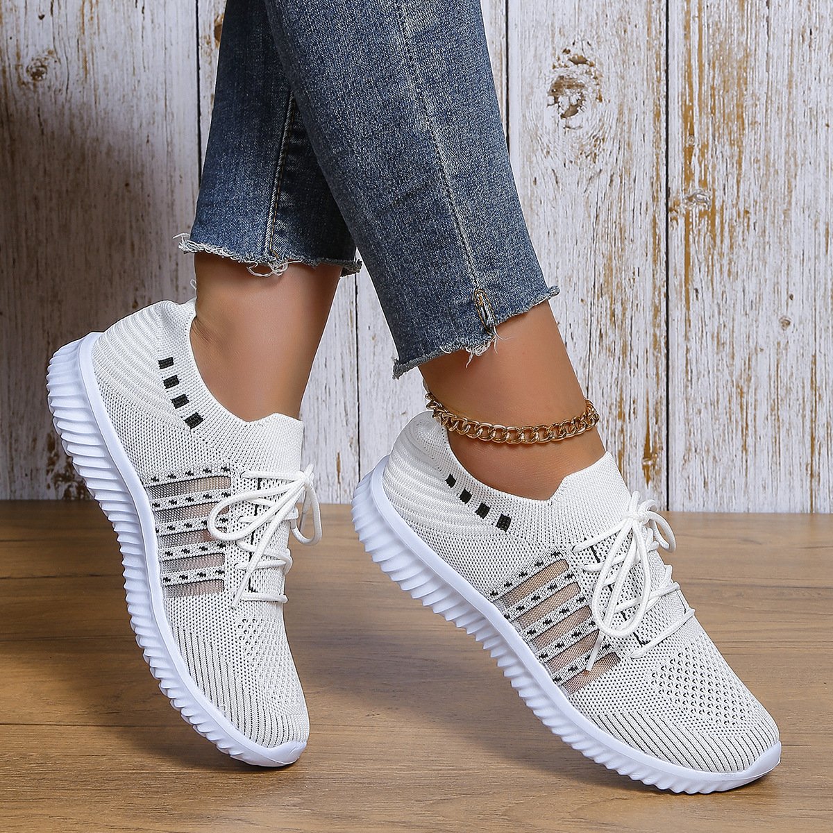 Casual Lace-up Mesh Sneakers Breathable Flying Woven Round Toe Walking Running Sports Shoes - Image 3