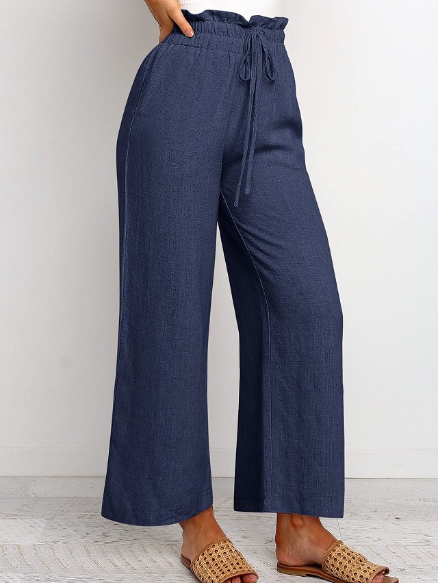 Elastic Waistband Lace-up Wide Leg Pants Solid Color Cropped Pants - Image 4