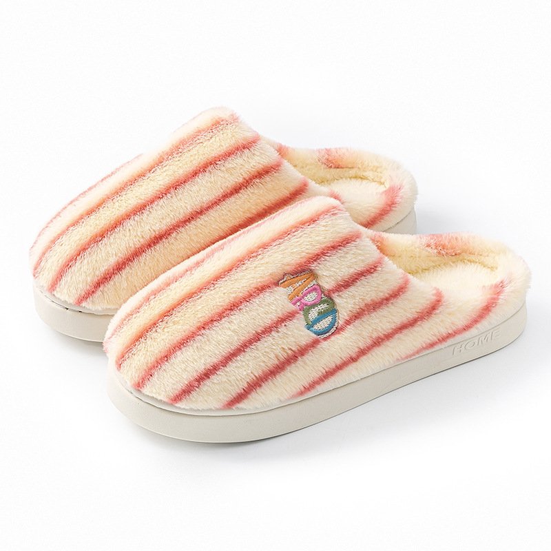Ins Plush Striped Slippers Winter Warm Letter Embroidered Shoes Fashion Floor Bedroom Home Slipper For Women Men Couples - Image 5