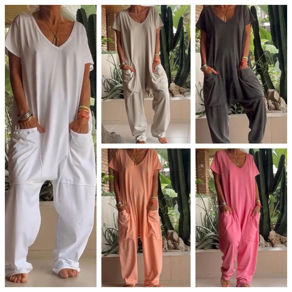 European And American Solid Color And V-neck Oversized Pocket Low-grade Jumpsuit - Image 4