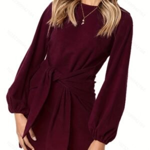 Solid Tie Waist Crew Neck Dress, Elegant Slim Lantern Sleeve Dress For Spring & Fall, Women's Clothing