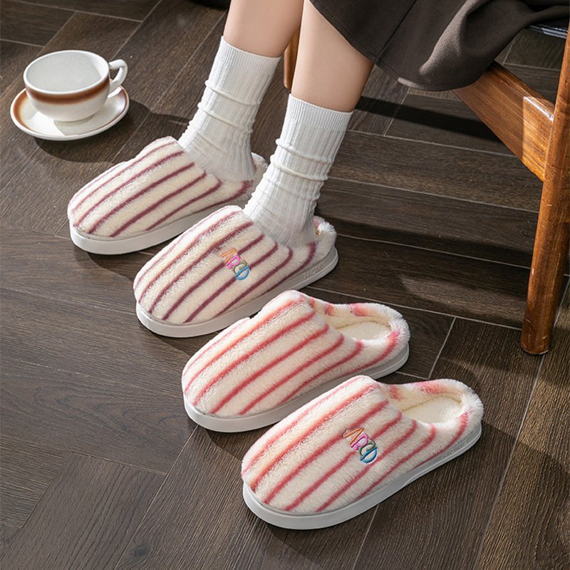 Ins Plush Striped Slippers Winter Warm Letter Embroidered Shoes Fashion Floor Bedroom Home Slipper For Women Men Couples - Image 9