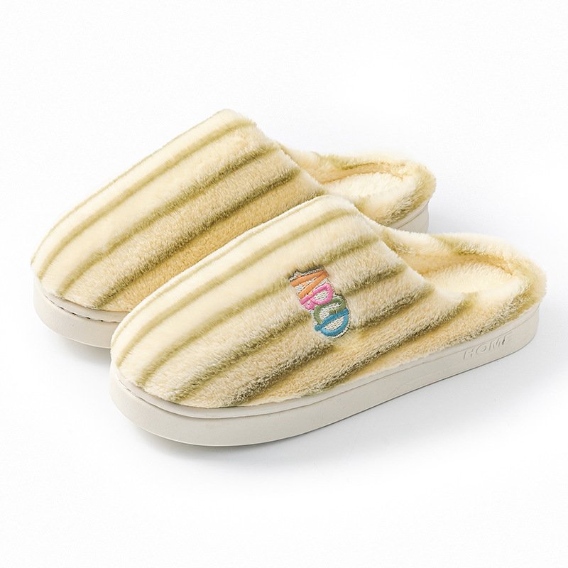 Ins Plush Striped Slippers Winter Warm Letter Embroidered Shoes Fashion Floor Bedroom Home Slipper For Women Men Couples - Image 8