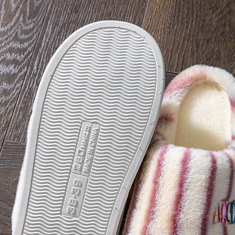 Ins Plush Striped Slippers Winter Warm Letter Embroidered Shoes Fashion Floor Bedroom Home Slipper For Women Men Couples - Image 2