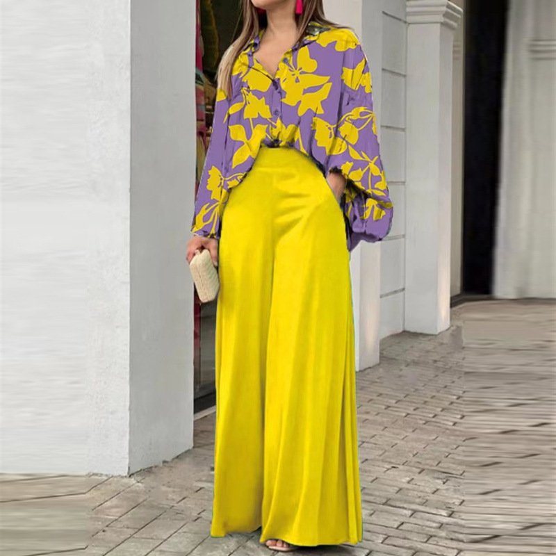 Loose And Elegant Casual Printed Shirt Top Wide Leg Pants Fashion Suit - Image 6