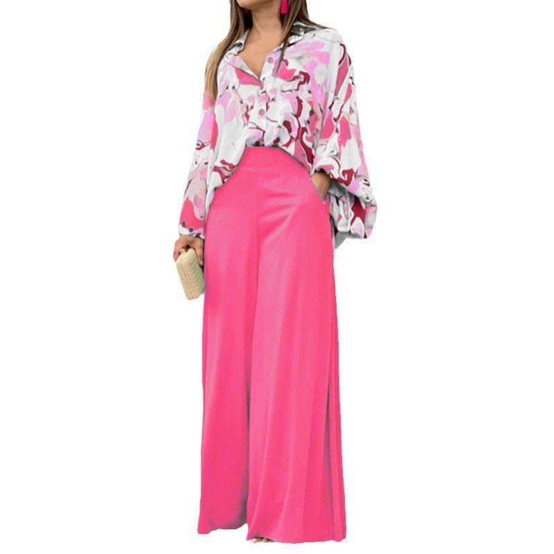 Loose And Elegant Casual Printed Shirt Top Wide Leg Pants Fashion Suit - Image 5