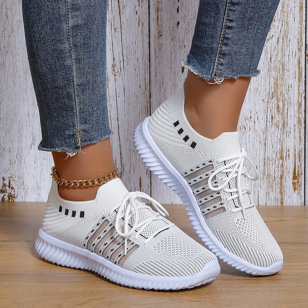 Casual Lace-up Mesh Sneakers Breathable Flying Woven Round Toe Walking Running Sports Shoes - Image 2