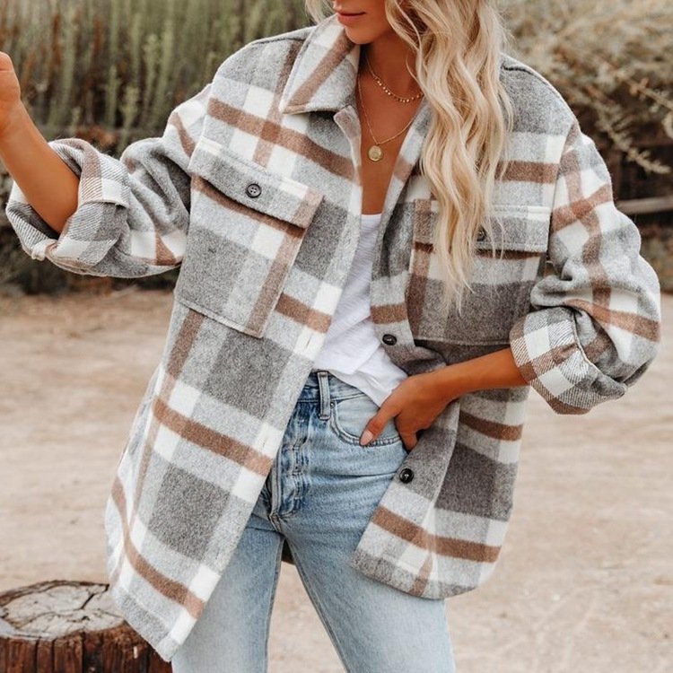 Plaid Button Flannel Woolen Shirt - Image 5