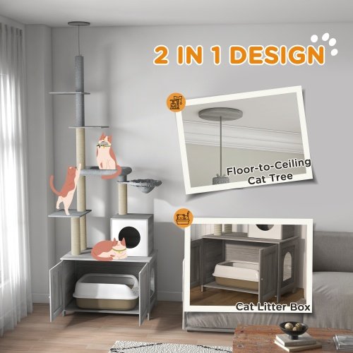 PawHut Cat Tree With Litter Box Enclosure, 2 In 1 Floor To Ceiling Cat Tower Litter Box Furniture With Condo, Bed, Hammock, Scratching Posts, And Platforms For Indoor Use, Gray - Image 2