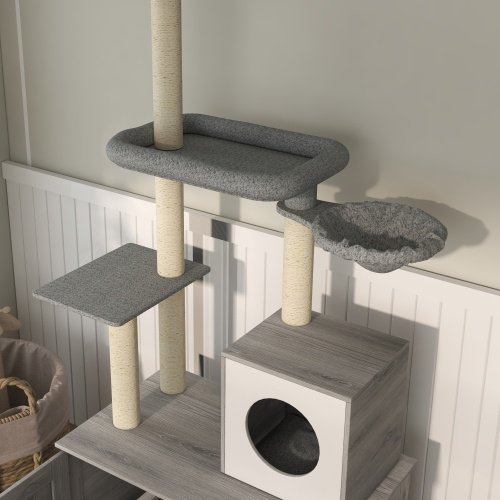 PawHut Cat Tree With Litter Box Enclosure, 2 In 1 Floor To Ceiling Cat Tower Litter Box Furniture With Condo, Bed, Hammock, Scratching Posts, And Platforms For Indoor Use, Gray - Image 9