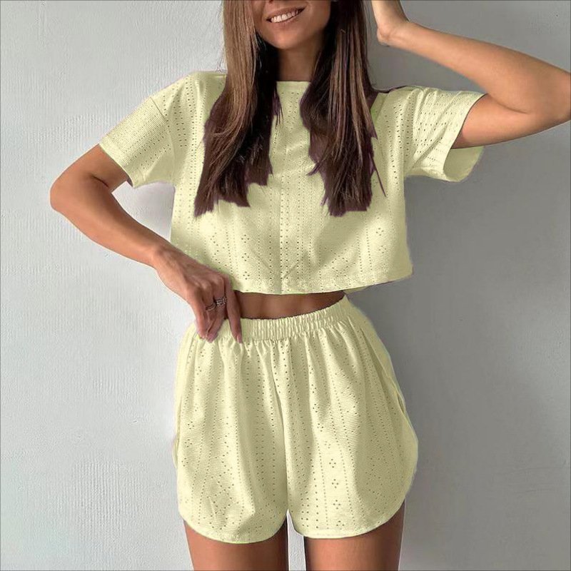 2pcs Casual Hollow Suit With Short-sleeved Crop Top And Elastic Slit Shorts Summer Fashion Sport Clothing For Women - Image 9