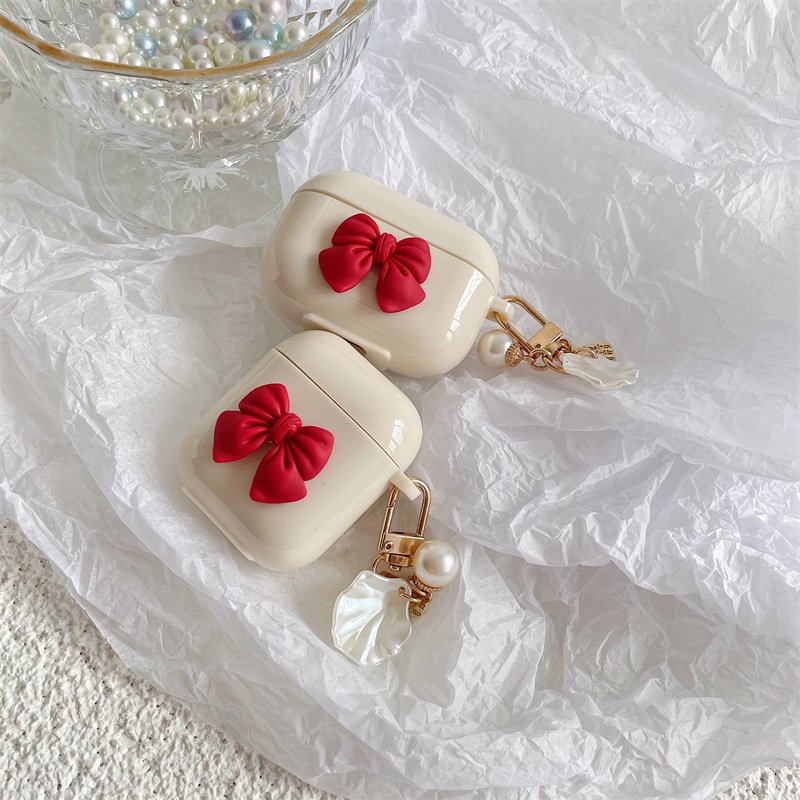Beige Red Bow Shell Pendant Wireless Earphone Case - Image 4